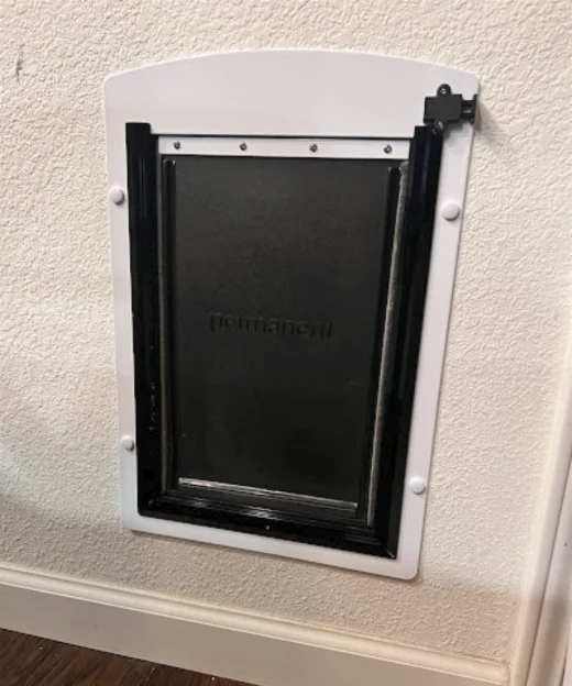 Newly installed dog door in the wall of a home.